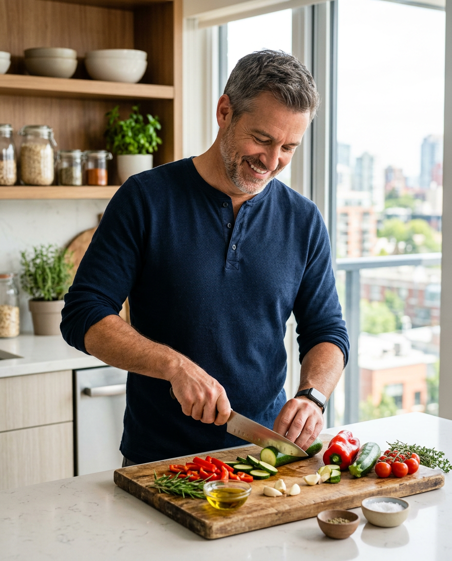 A man around fifty chopping vegetables at a bright kitchen counter
