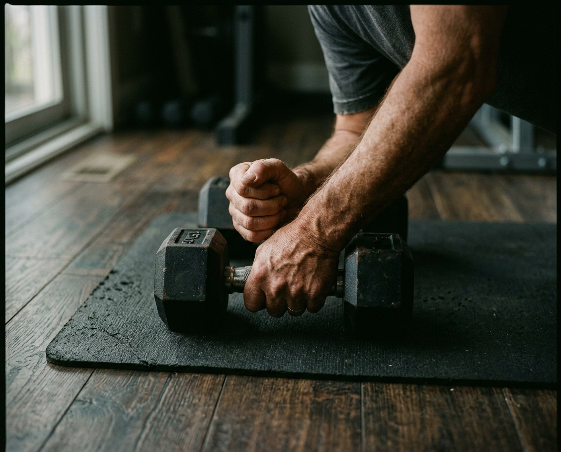 Close view of a man's hands on a dumbbell resting on a dark mat