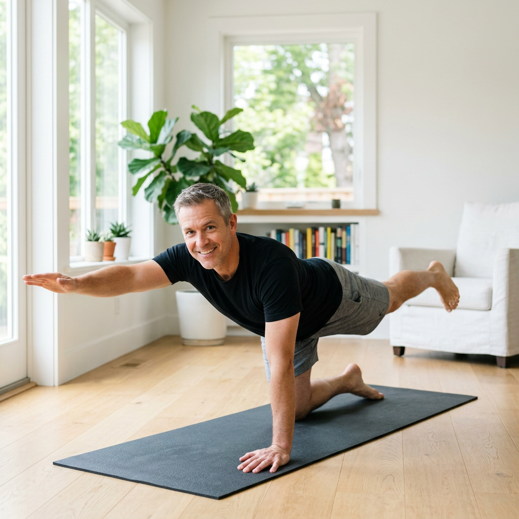 A man in his late forties doing a bird-dog on a mat in a light living room