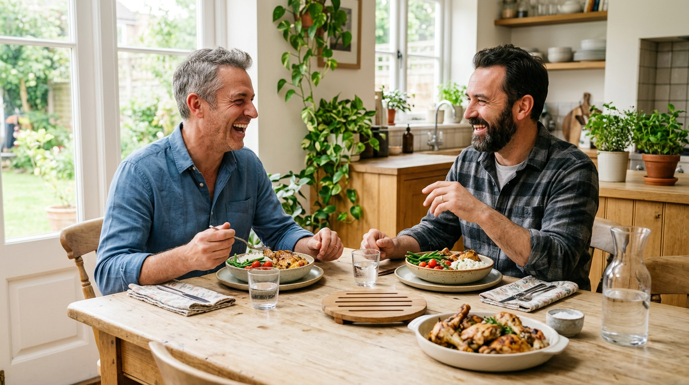 Two men in their late forties laughing over a simple home-cooked dinner at a wooden kitchen table