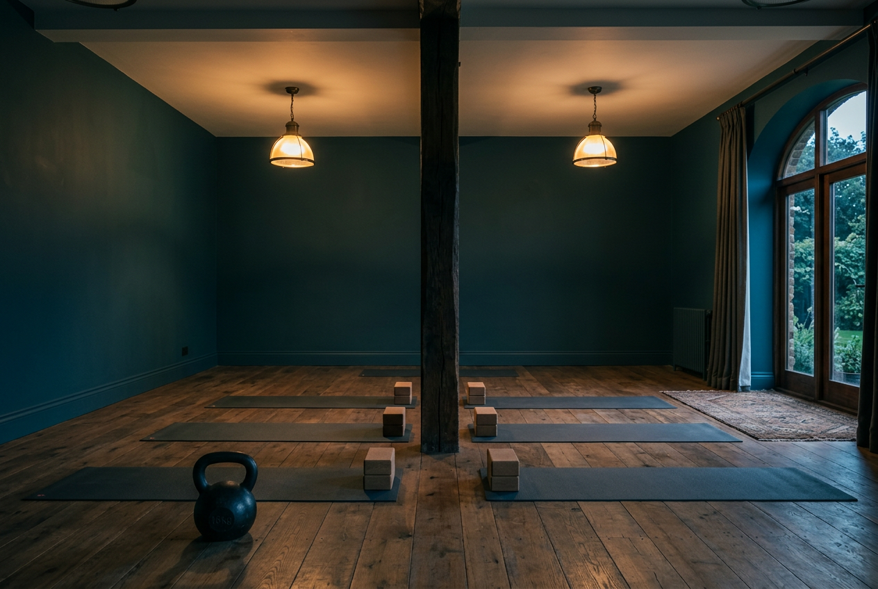 A dark teal living room with exercise mats laid out on a wooden floor under two warm lamps