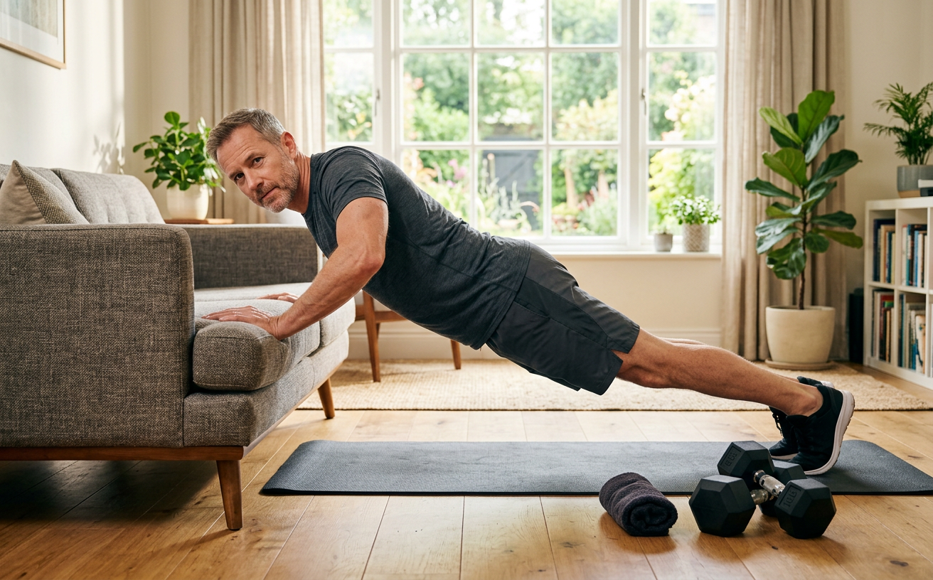 A man around fifty doing an incline push-up against a sofa in a sunlit living room, dumbbells on the mat beside him